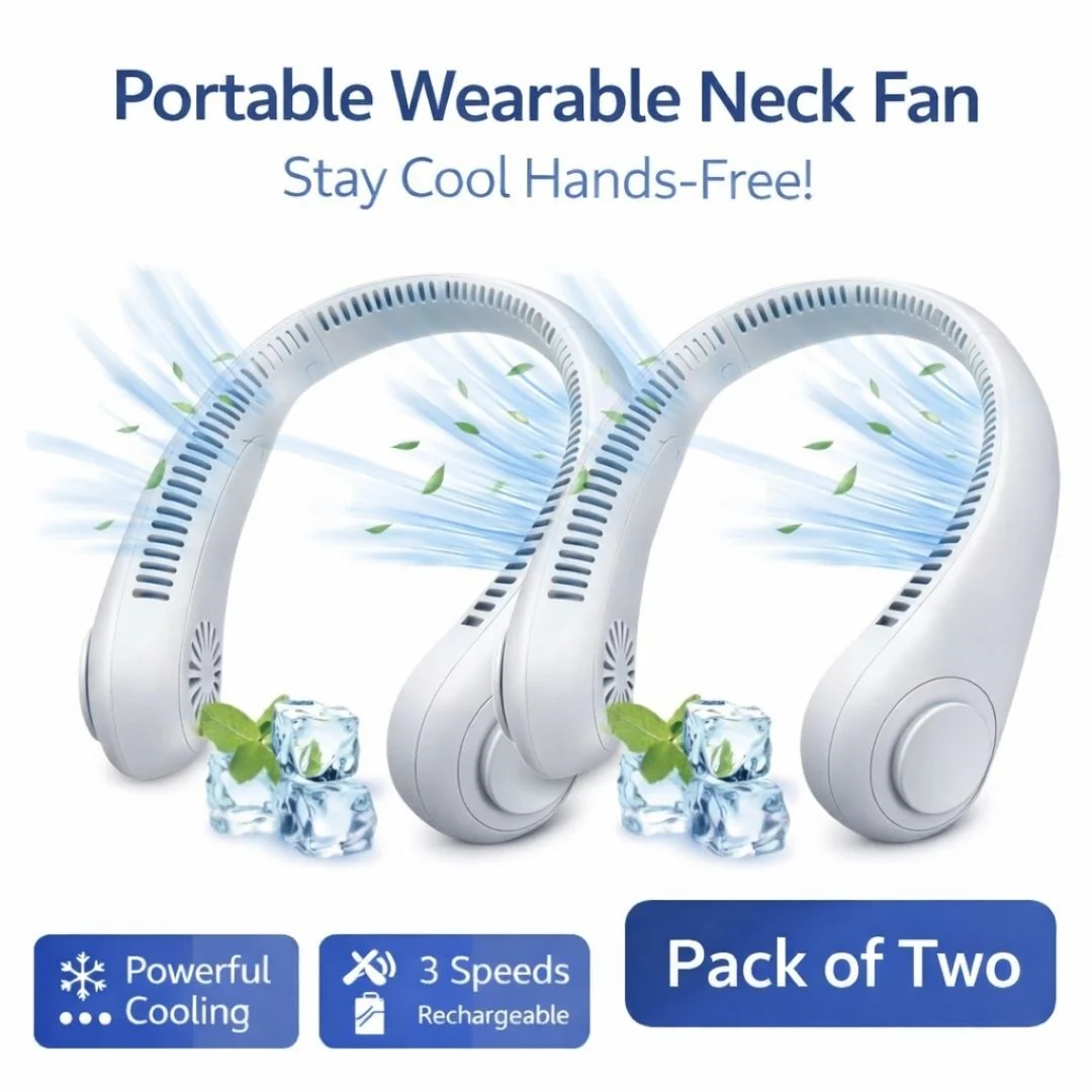 FluxoFan portable wearable neck fan two-pack with three speeds and rechargeable battery