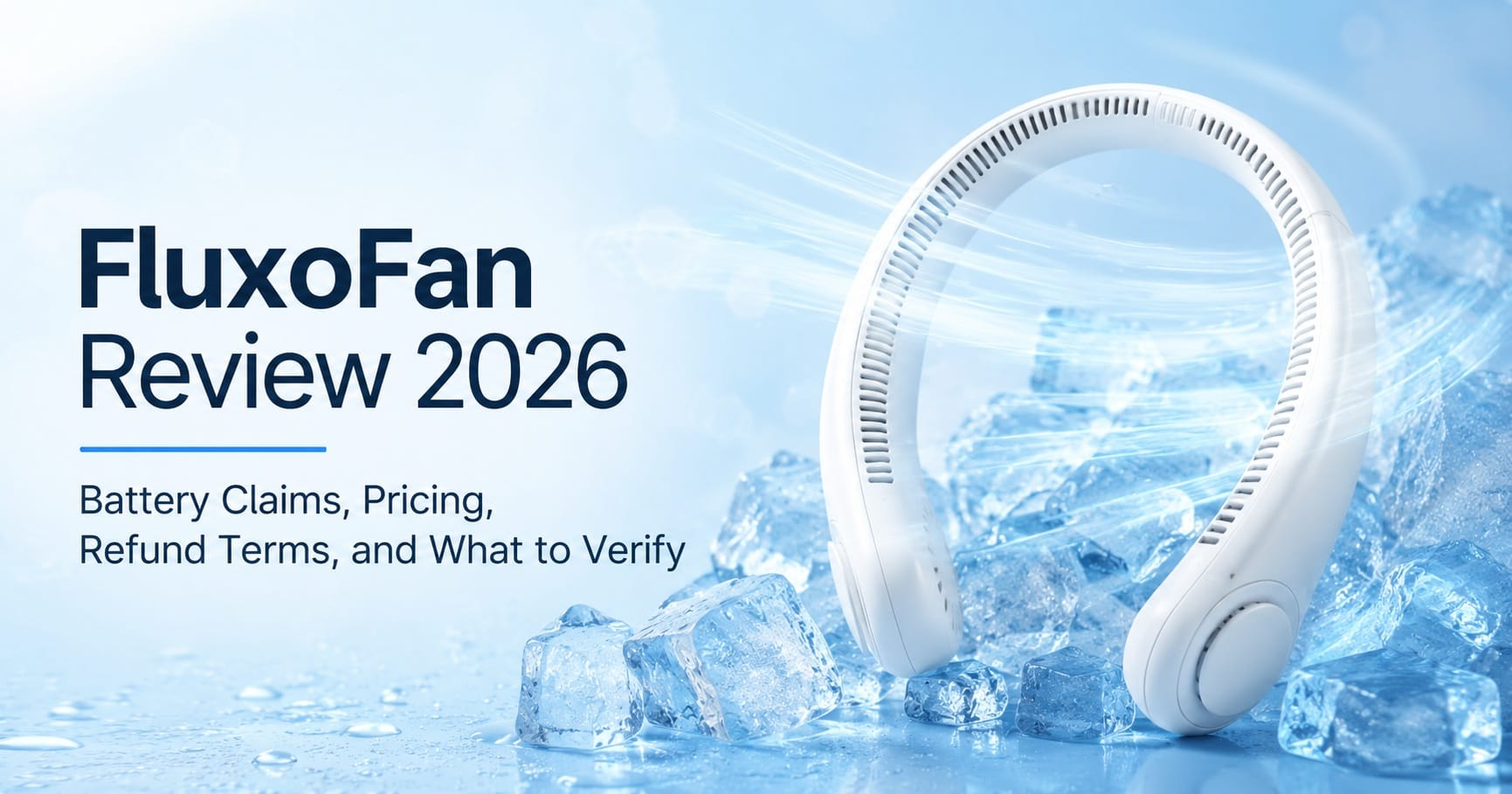 FluxoFan wearable neck fan resting on ice cubes with airflow streams